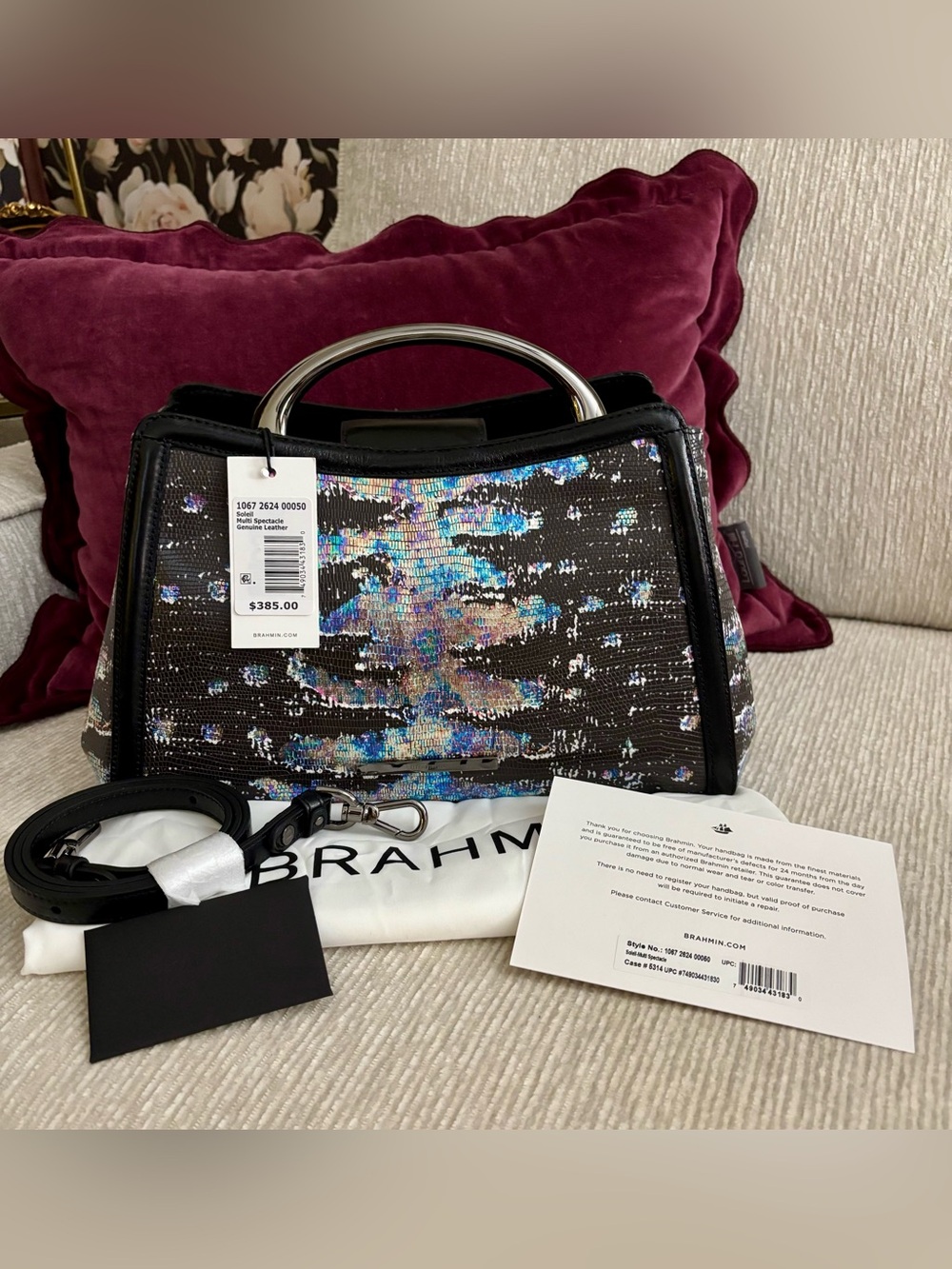 NWT Brahmin Soleil Multi Spectacle Leather Satchel Holographic Black $385